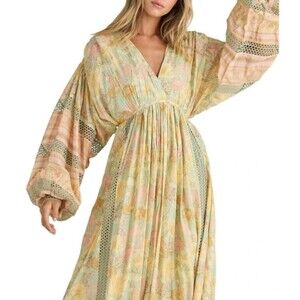 Talisman Pharoah Women’s Woven V-Neck Lace Insert Maxi Kaftan Dress size M NWT